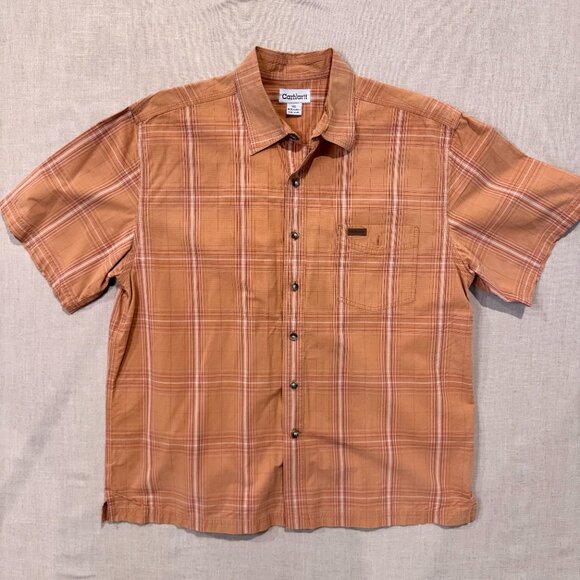 Carhartt Men’s XL Plaid Button-Up Shirt 100% Cotton Rust Orange Check Workwear - Picture 4 of 5
